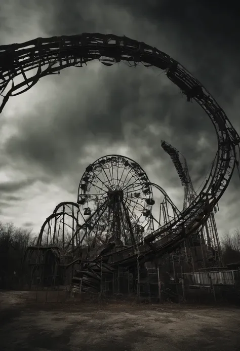 An abandoned amusement park with ooze coming out of the rides