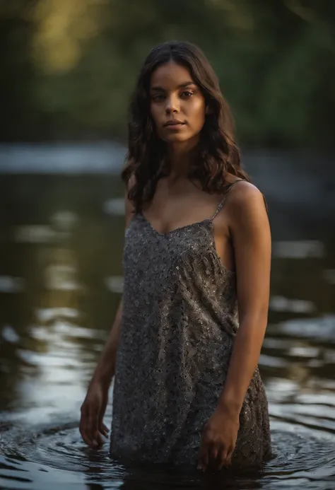 black high school girl in a river in transparent clothes