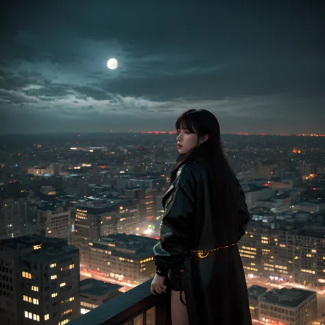 a photo of 8k ultra realistic beautiful sad girl standing on top of building, watching the city burn , full moon night , full ci...