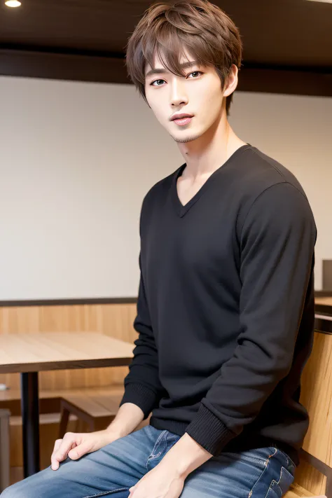 Best Quality, masutepiece, 超A high resolution, (Photorealistic:1.4), One Man in the Cafe、He is handsome、韓国アイドル、Beomgyu、Black clothe、manly、Casual Fashion、Looking here、sitting on