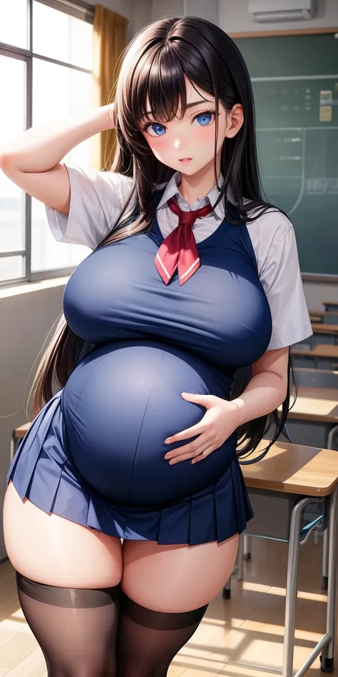 One girl, School uniform, big tits, wide thighs, miniskirt, tight clothes, school uniform, long hair, Blue eyes, Pregnant, very pregnant, Dance, dance in class