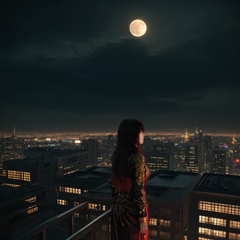 a photo of 8k ultra realistic beautiful sad girl standing on top of building, watching the city burn , full moon night , full city visible , intricate red and light cloudy yellow , ornate, cinematic lighting, trending on artstation, 4k, hyperrealistic, foc...