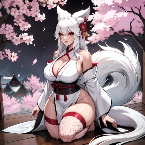 Curvy white haired 9 tailed kitsune wearing fur lined robe and cherry blossom kimono, wearing thigh high fishnets (ALONE)(SOLO), alone, solo