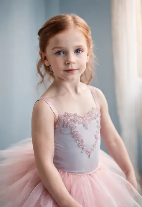 A six year old daughter with light red hair and light brown eyes wearing a pink and blue ballerina dress