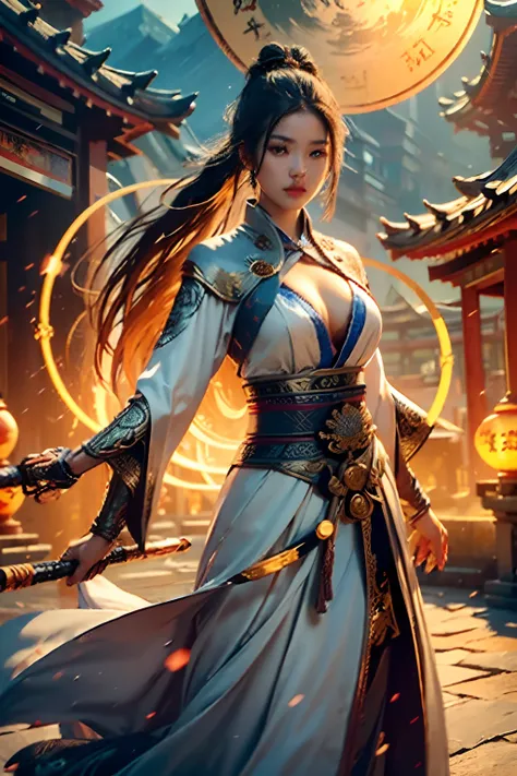 Best quality,masterpiece,ultra high res,(photorealistic:1.4),xiuxian,weapon,Detailed face,
1girl,solo,weapon,cleavage,(magic circle:1.2),xiuxian,upper body,Beautiful girl,full body,east asian architecture,sheath,architecture,