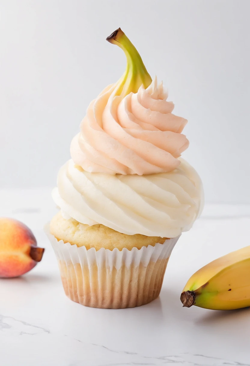 A banana cupcake with peach cream