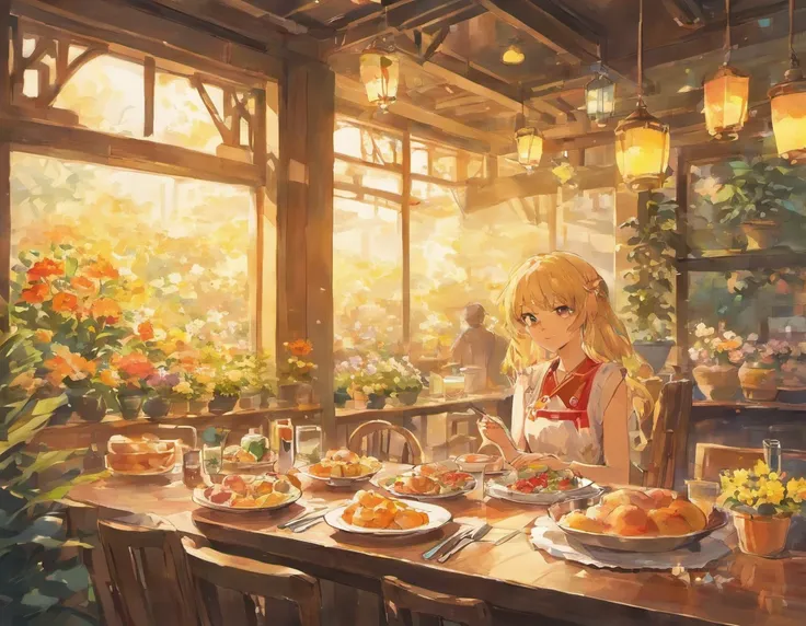 Illustration of breakfast table with flowers painted in watercolor