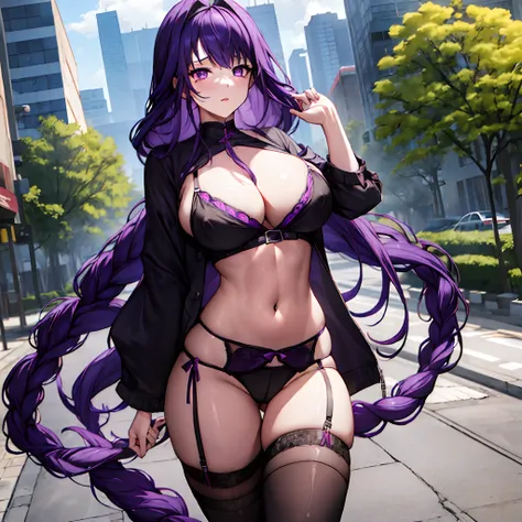 1 girl, long purple hair, purple eyes, large breast, casual sleevess shirt, black bra, black panties, garterbelt with black stocking, outdoor, nipple perked out from under shirt,