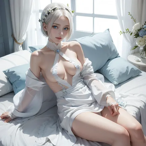 Palace of Heaven,White goddess blue eyes in human shape、beautiful body of a flower of a very attractive age with white pubic hair,,,,,,,,,,,,White Isekai Dress,short-hair,A smile,,Skinny Legs,Sleeping in a curtain bed,