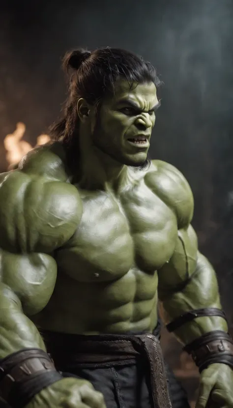 mortal kombat hulk character concept super strong, muscular, ABS, 35mm lens, photography, ultra details, HDR, UHD, 8K