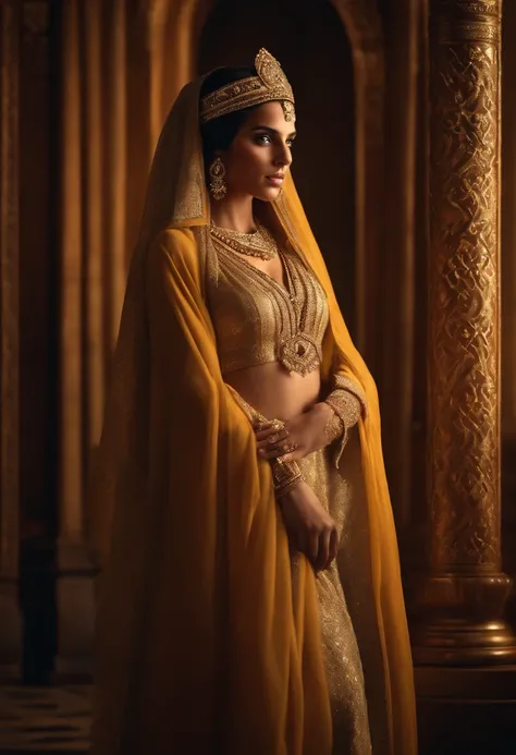 Esther, beautiful Arab woman, elaborate dress, intricate gold jewelry, stunning headdress, graceful posture, confident expression, palace setting, opulent decorations, Persian kings throne, shimmering silk curtains, candlelit ambiance, soft golden light, d...