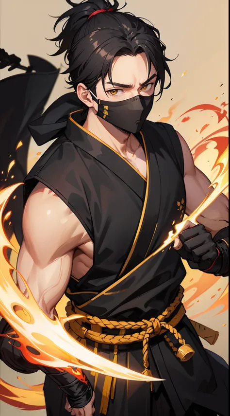 Grown-up guy, short black hair, high ponytail, Brown eyes, mask, Yellow shinobi kimono, Sleeveless, Scorpion, fire, katana, Masterpiece, hiquality, 4k, HD, Good detail