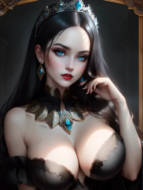 ((old painting portrait face and breast close up)) ((round ornamented frame)) woman beautiful face, big glowing blue eyes, bright red lipstick, dark eyeshadows make up, (long straight black hair), (pale skin), silver neck ornament, silver tiara (huge breas...