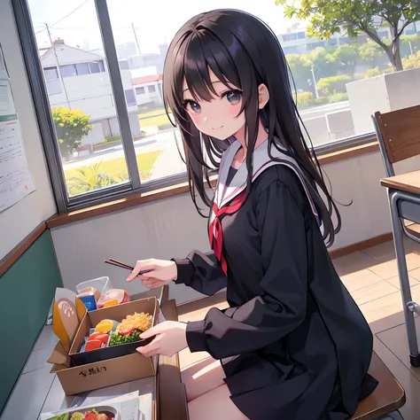 女の子1人、Dark hair、Black eyes、校服、Schools、‎Classroom、classmate、A smile、laught、Daytime、suns、desk work、lunchtime、Bento box、chopsticks、rice