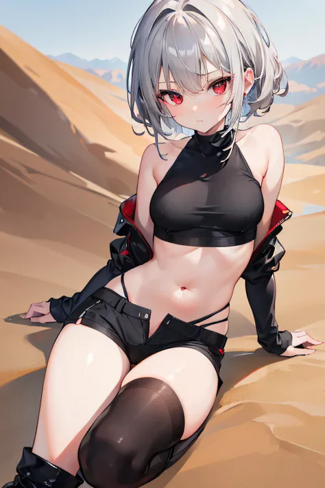 1girl, high res, ultrasharp, 8K, masterpiece, looking at viewer, gray haired, red eyes, short black pants, wearing gray tanktop, tan skin, in the desert, black stocking, black boots