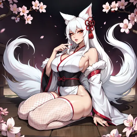 Curvy white haired 9 tailed kitsune wearing fur lined robe and cherry blossom kimono, wearing thigh high fishnets (ALONE)(SOLO), alone, solo