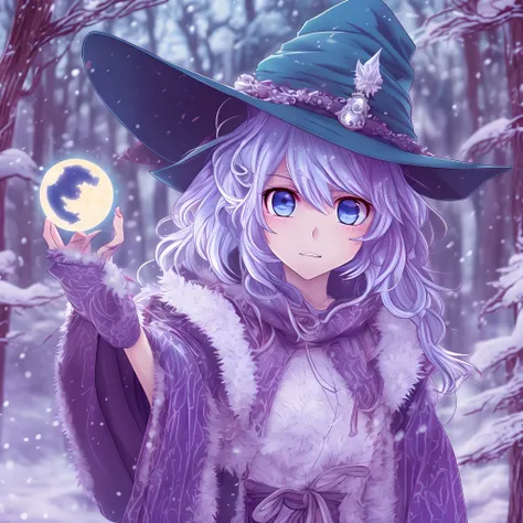 1girl, humanoid witch, blue and white robe, blue and white hat, silver ornaments, magical staff, purple colored right eye, blue colored left eye, snowy forest, anime style, facial expression, blue hair