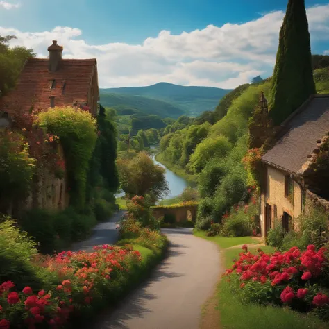 ghibli studios, aesthetic, road leading towards village, beautiful day, garden, river