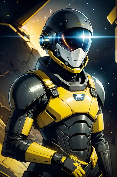 nijistyle, rfktr_technotrex, mulher explorando planetas, alien worlds, exotic locations, deep-space, terrores desconhecidos, galactic, nebulosas, estrelas, fcPortrait, Time-worn yellow armor with cyberpunk-style tech helmet with black visor