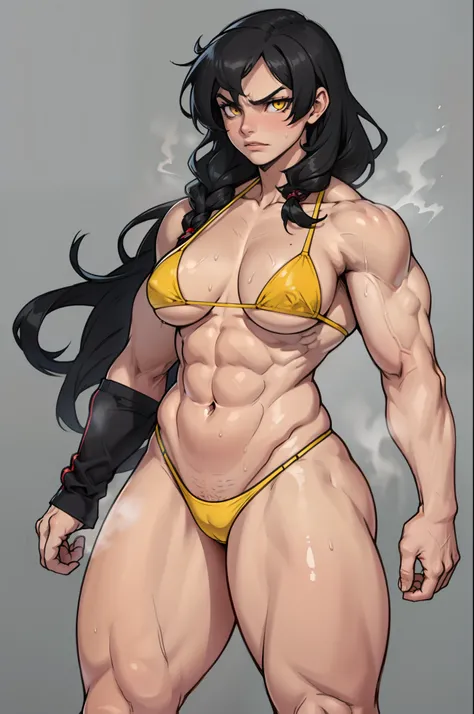 (((((1 girl muscular))))) ((grey background)) angry yellow eyes black hair pale skin thick thighs micro bikini solo standing sweaty