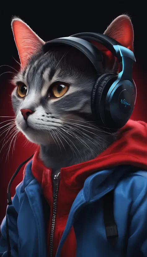 kucing menggunakan kacamata hitam dan headphone mengenakan jaket ungu dengan latar belakang tembok merah muda dan biru