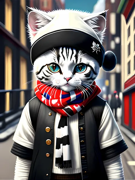 Painting depicting a white black cat in a hat and scarf, Popular at the art station, dressed in punk clothes, Detailed hyper-realistic rendering, british gang member, Street style, intimidating pose, planet of cats, Clothes with fashion, urban samurai, meo...