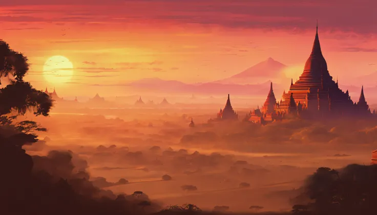 Bagan pagodas of Burma at sunset, best composition, masterpiece art work, long view,