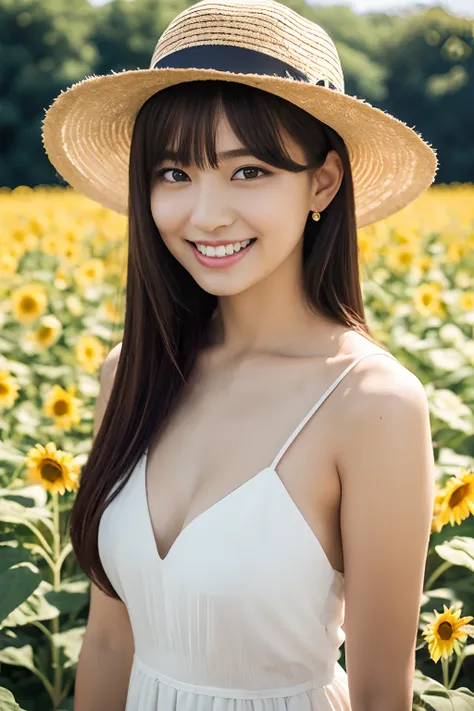 ((White Dress、a straw fedora hat、flower  field:1.2))、(realisitic、Photorealsitic、ultra-detailliert、Highest Details Skins、top-quality、​masterpiece、超A high resolution)、hotels room、sit on sofa、Realistic skin type、thighs thighs thighs thighs、simple background、C...