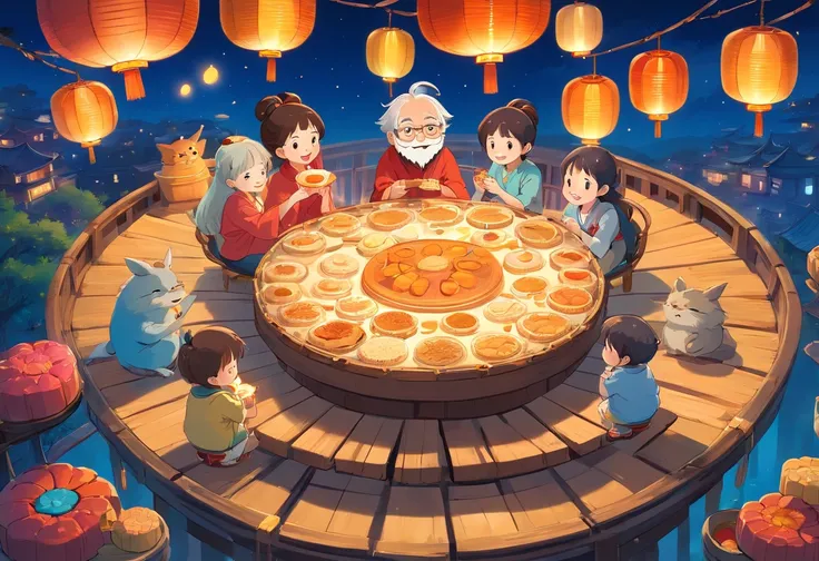 The whole family eats mooncakes together during the Mid-Autumn Festival，Daddy，Mom and child laugh together，Cartoon pictures Normal background, A beautiful artwork illustration, Colorful illustration, colorful kids book illustration, Colorful illustrations,...