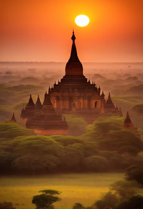 Bagan pagodas of Burma at sunset,