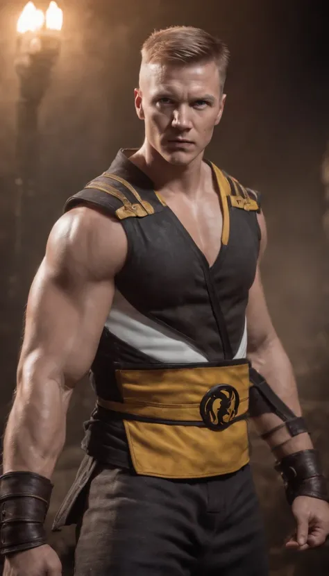 mortal kombat (Hawkeye marvel) character concept super strong, muscular, ABS, 35mm lens, photography, ultra details, HDR, UHD, 8K