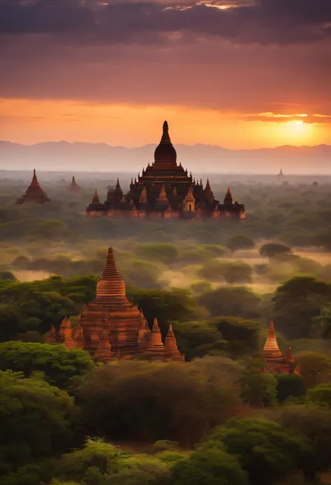 Bagan pagodas of Burma at sunset,