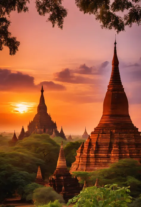 Bagan pagodas of Burma at sunset,