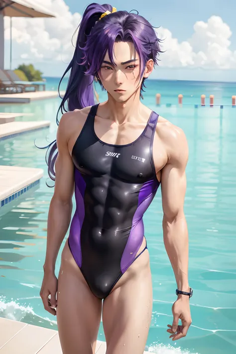 Anime boys in swimsuits, Purple hair boy with long high ponytail, Long ponytail blue hair boy, Boy with Yellow Eyes, wearing a swimming wear, Swimsuit, anime moe art style, swim wears, marin kitagawa fanart, In a one-piece swimsuit, Seductive Anime Boy, ga...