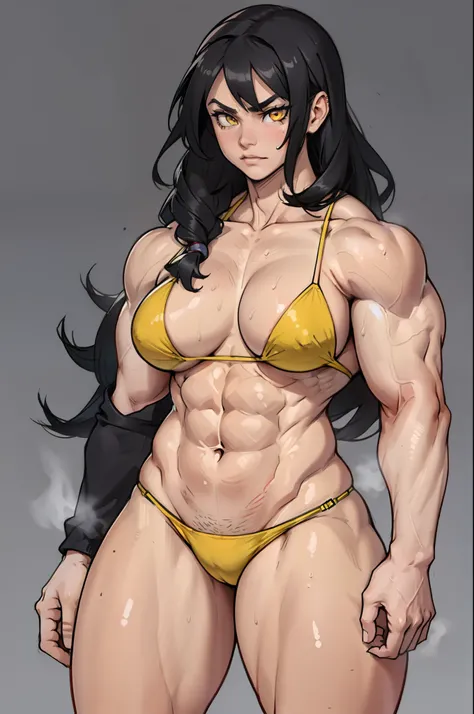 (((((((1 girl muscular))))))) ((grey background)) angry yellow eyes black hair pale skin thick thighs micro bikini solo standing sweaty