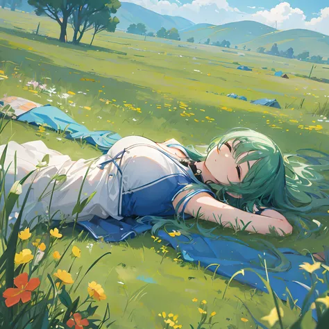 Beautuful Women。animesque。Grassland background。Sleeping in the steppe。lawn。