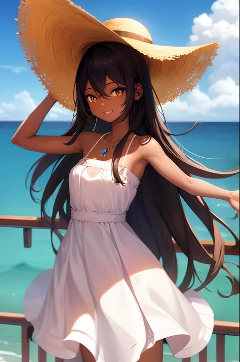 absurdres, blackskin, 1girl, ocean, railing, white dress, sun hat, smile, (realistic:0.75), (waving:0.9),