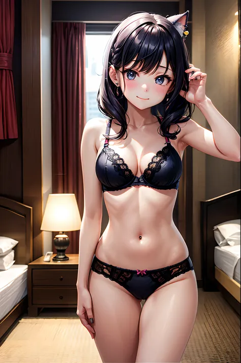 realisitic、top-quality、女の子 1 人、18year old、Fancy Color Hair、piercings、Shy face、Fancy underwear、beautiful boob 、selfee、Nyan Nyan Pose、hotels room、Particles of light、profetional lighting