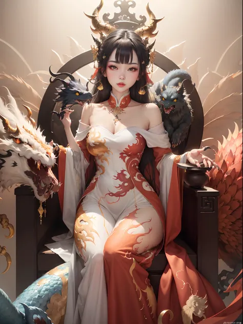 A Chinese girl sitting on a throne, a throne encrusted with precious stones, surrounded by Chinese phoenix beasts, gold and ruby color, unique monster illustration, Dau al set, high resolution, a painting, dense composition, playful repetition, precious st...