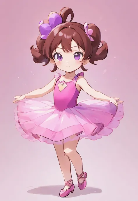 A six year old daughter with dark red hair and dark brown eyes wearing a pink and purple ballerina dress