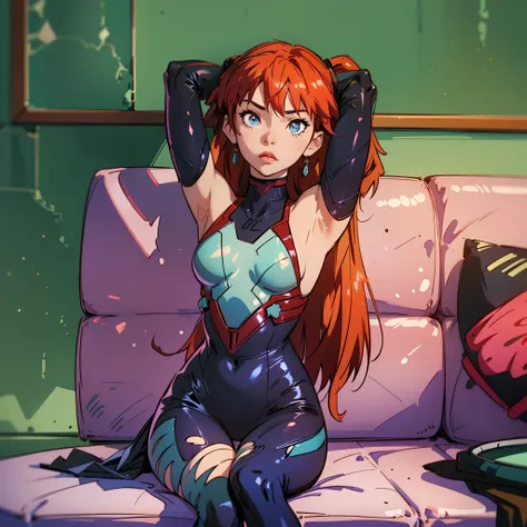 a woman in a black lingersuit sitting on a blue couch, seductive anime girl, beautiful asuka from evangelion, asuka langley soryu, asuka langley souryuu, asuka langley sohryu, asuka langley, asuka suit under clothes!, asuka, beautiful alluring anime teen, ...