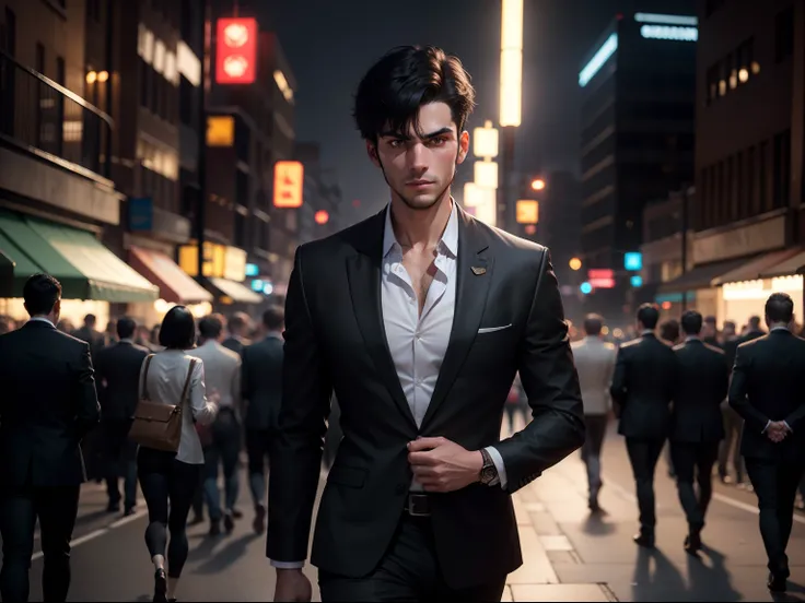 Realistic 8k image of a slim 25-year-old man, with short black hair, wearing a black blazer with a white blouse underneath, tense expression, walking on a busy night street 8k realism hd