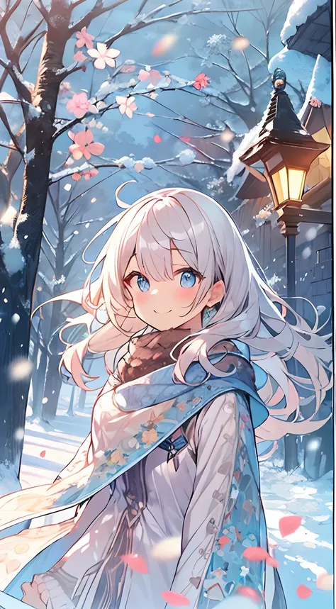 masutepiece, Best Quality,Illustration, Wallpaper, ultra -detail, Absurd beauty, 1beautiful girl、Bright hair color、Glitter and big eyes、Hair fluttering in the wind、ample breasts、♡、Smaller head、Winter scene、miscievous smile、bustup