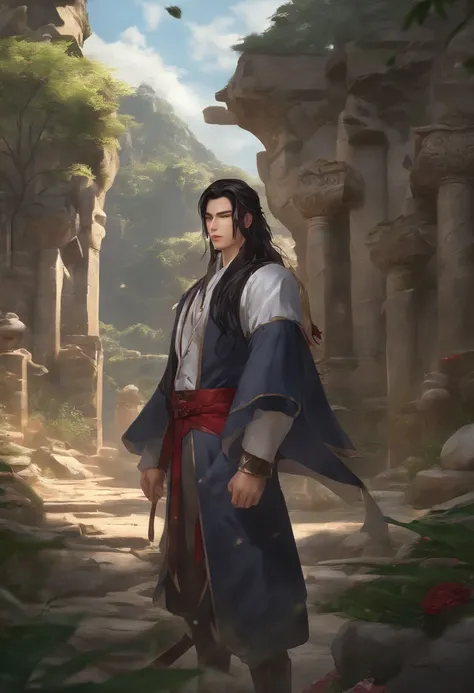 (Best Quality, 8K, Masterpiece :1.3), Handsome young man with a perfect figure and long hair :1.4, Zhong Li, Zhongli, Dark brown hair, inflated chest, Genshin Impact, On the ruins, In the hands of a spear, Very detailed face and skin, 詳細な目, 二重まぶた