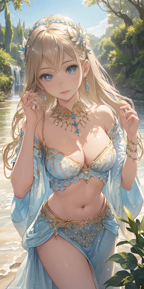 Waterland, (photorealistic:1.4), (masterpiece, front lighting, finely detailed beautiful eyes: 1.2), masterpiece*portrait, realistic, 3d face, glowing eyes, shiny hair, lustrous skin, solo, embarrassed, (midriff), absolute_cleavage, necklace, sapphire_earr...