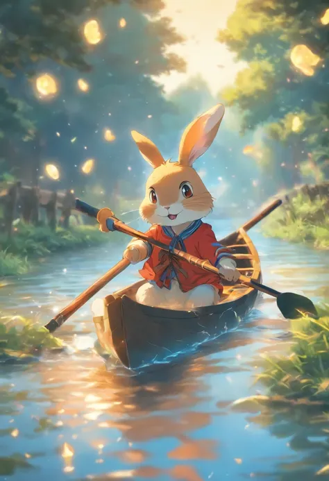 natta，themoon，Anthropomorphic rabbit rowing in the river