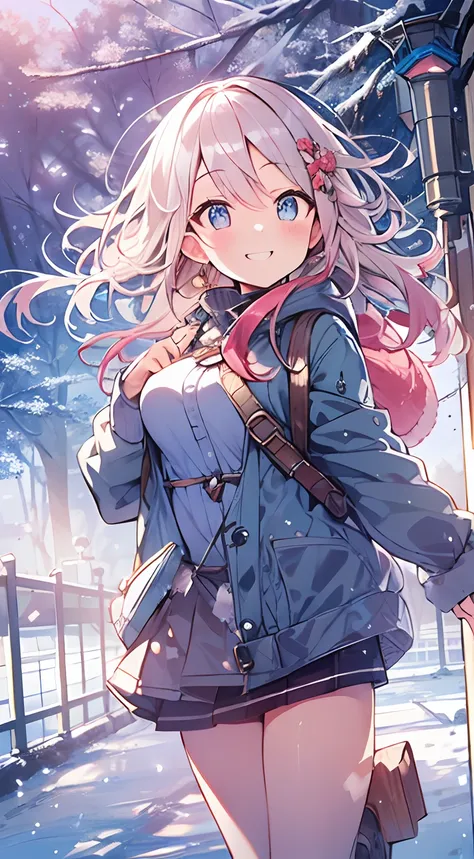 masutepiece, Best Quality,Illustration, Wallpaper, ultra -detail, Absurd beauty, 1beautiful girl、Bright hair color、Glitter and big eyes、Hair fluttering in the wind、ample breasts、♡、Smaller head、Winter scene、miscievous smile、bustup