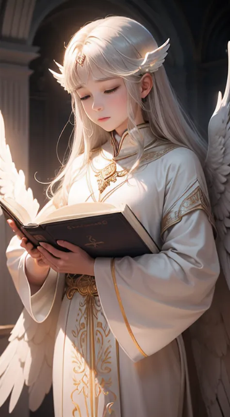 An angelic figure emerges from a soft place, ethereal glow, Holding the Book of Wisdom Elegantly in a Delicate Hand. The shining wings of angels are halls々and elongation、The upper part of the body:1.3, Exudes an otherworldly glow. Heavenly rays illuminate ...