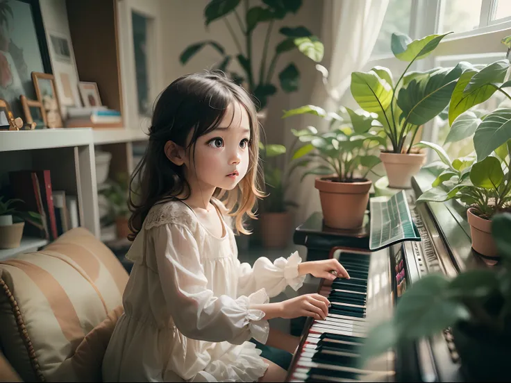 5 years old girl,Face the lens, Play the piano in the living room,There are plants, Sunlight outside the window.