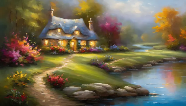 Realistic, authentic, a cottage under the tree, beside the stream,a boat in water,  fence and flowers along the road, flowers, beautiful and amazing landscape oil painting Studio Thomas Kinkade #39;s petal grassland with blue sky and white clouds --v6